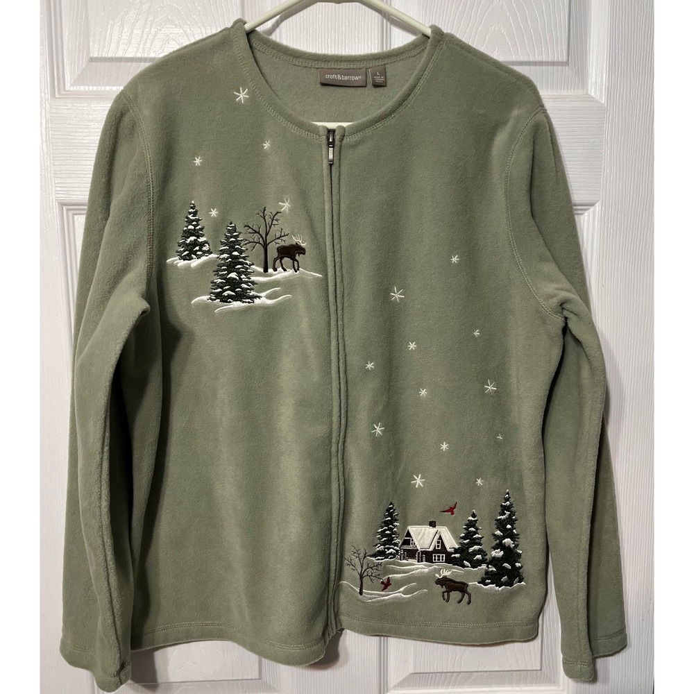 Craft & Borrow Fleece Zip‎ Up Jacket Women L Winter Cabin Moose Trees Snowflakes